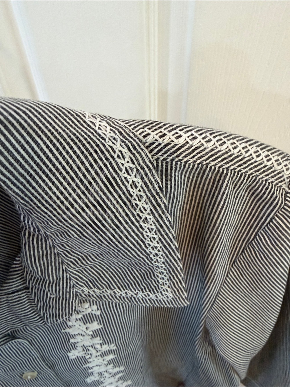 Denim & Co Gray Pinstripe Button-Down Shirt with White Floral Embroidery - Picture 7 of 8